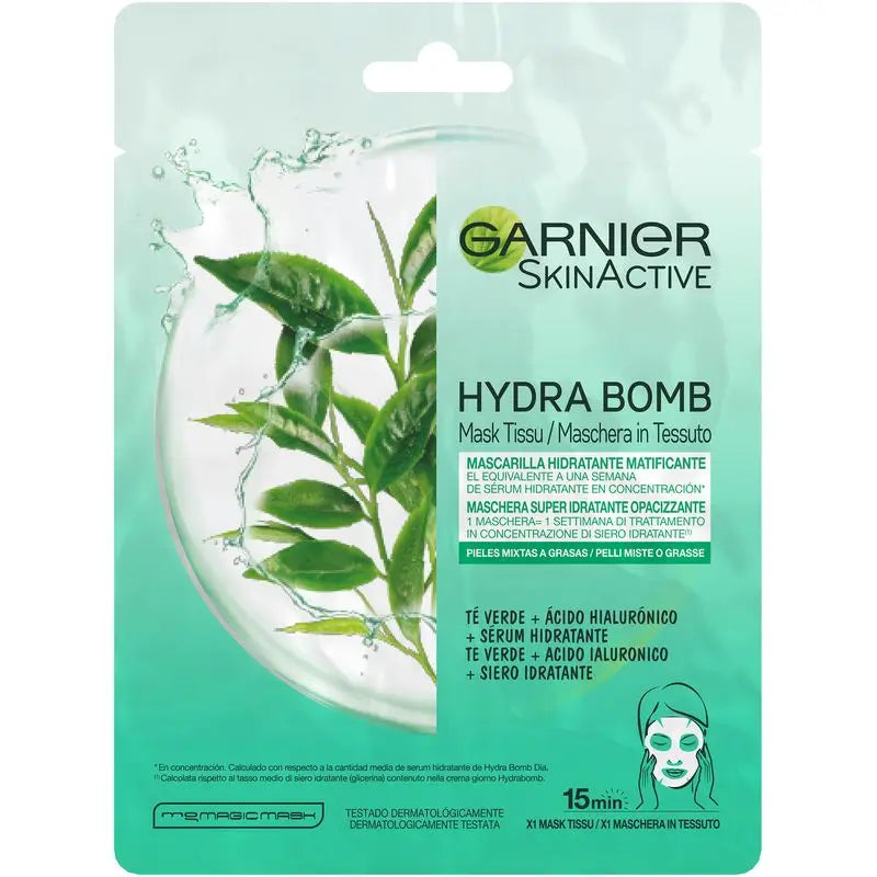Garnier Skin Active Mask Tissu Hydra Bomb Maschera in tessuto idratante opacizzante con acido ialuronico e tè verde