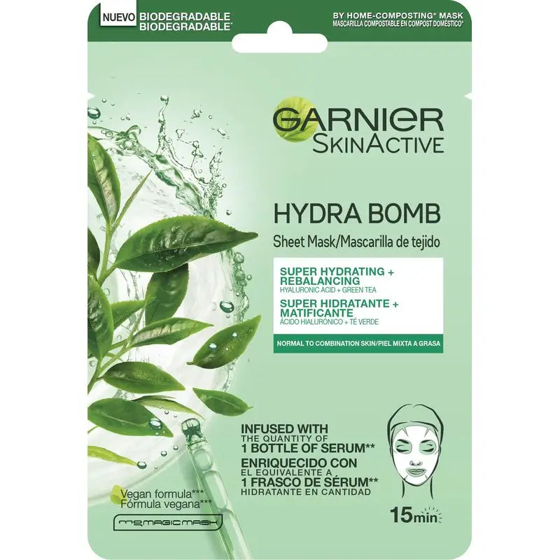 Garnier Skin Active Mask Tissu Hydra Bomb Maschera in tessuto idratante opacizzante con acido ialuronico e tè verde