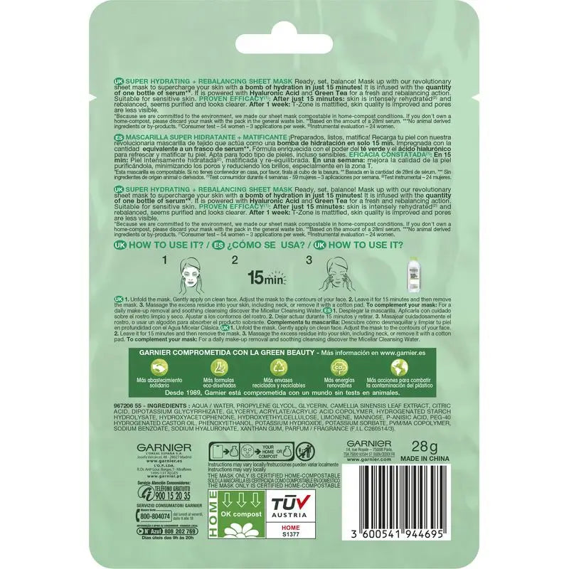 Garnier Skin Active Mask Tissu Hydra Bomb Maschera in tessuto idratante opacizzante con acido ialuronico e tè verde