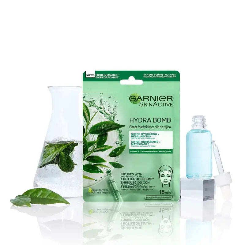 Garnier Skin Active Mask Tissu Hydra Bomb Maschera in tessuto idratante opacizzante con acido ialuronico e tè verde