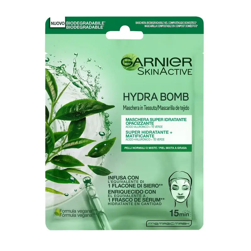 Garnier Skin Active Mask Tissu Hydra Bomb Maschera in tessuto idratante opacizzante con acido ialuronico e tè verde