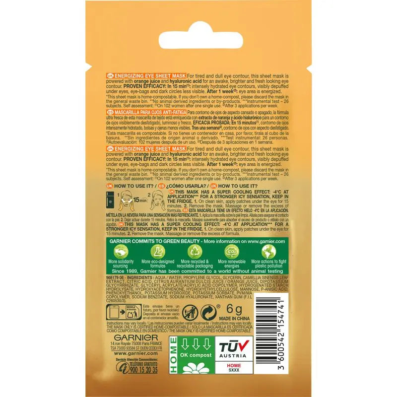 Garnier Skin Active Mask Tessuto Contorno Occhi Anti-Fatica e Anti-Occhiaie con Acido Ialuronico ed Estratto di Arancia
