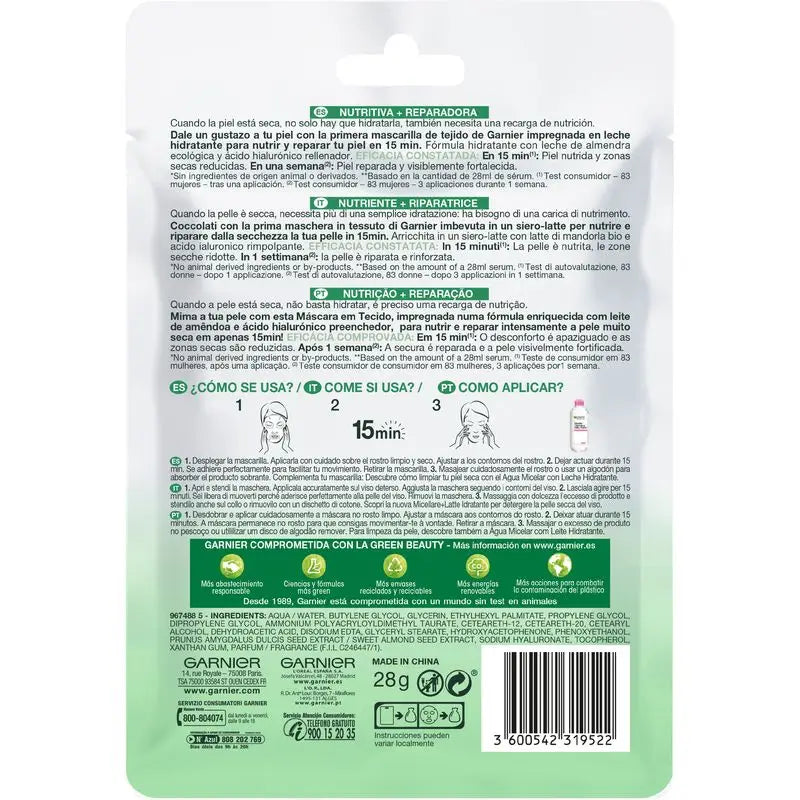 Garnier Skin Active Nutri Bomb Maschera Lattea Riparatrice con Latte di Mandorle Biologico e Acido Ialuronico