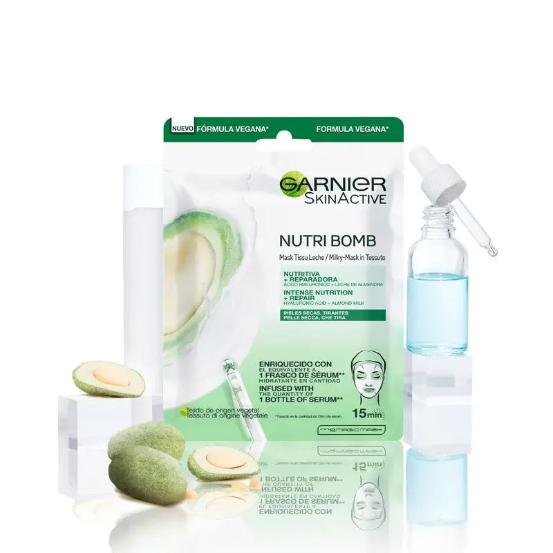 Garnier Skin Active Nutri Bomb Maschera Lattea Riparatrice con Latte di Mandorle Biologico e Acido Ialuronico