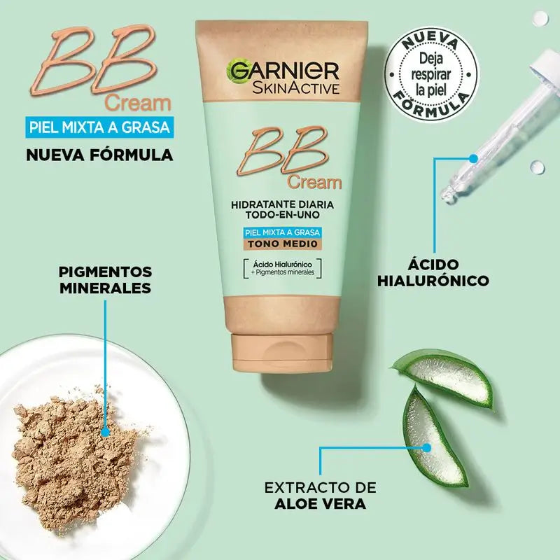 Garnier Skinactive Crema Bb opacizzante per pelli miste o grasse di tono medio. Idratante Tutto In Uno Con Colore Spf 25, 50Ml