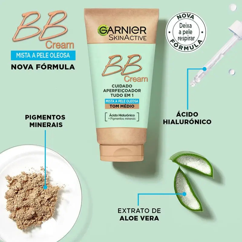 Garnier Skinactive Crema Bb opacizzante per pelli miste o grasse di tono medio. Idratante Tutto In Uno Con Colore Spf 25, 50Ml