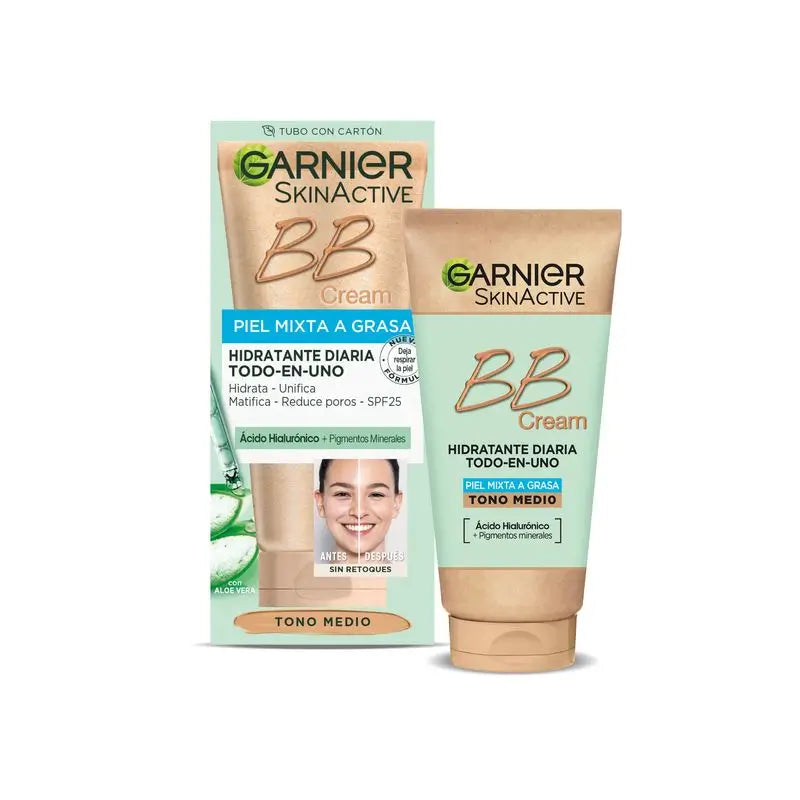 Garnier Skinactive Crema Bb opacizzante per pelli miste o grasse di tono medio. Idratante Tutto In Uno Con Colore Spf 25, 50Ml