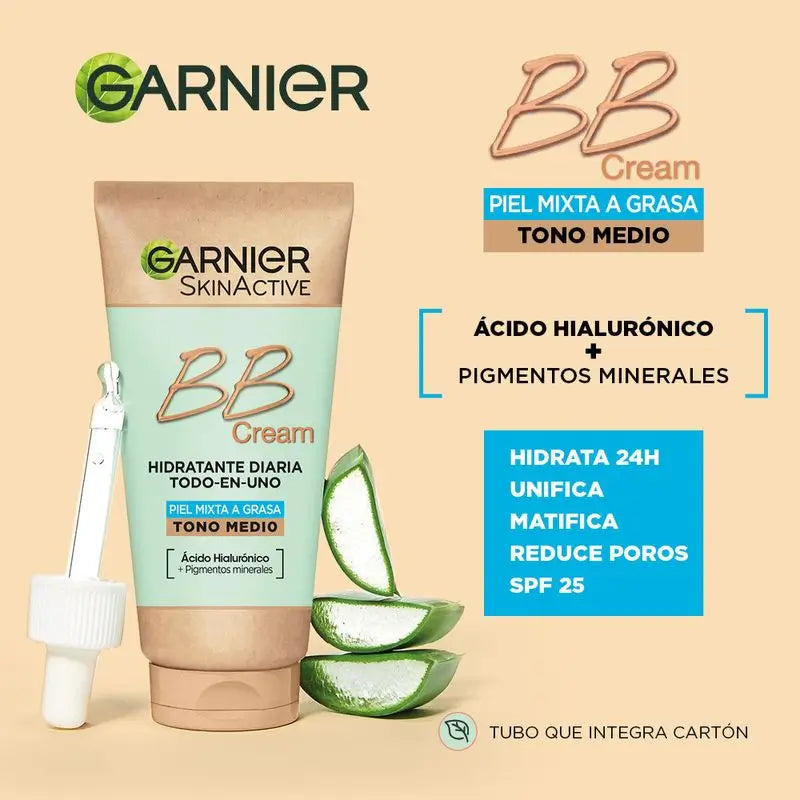 Garnier Skinactive Crema Bb opacizzante per pelli miste o grasse di tono medio. Idratante Tutto In Uno Con Colore Spf 25, 50Ml