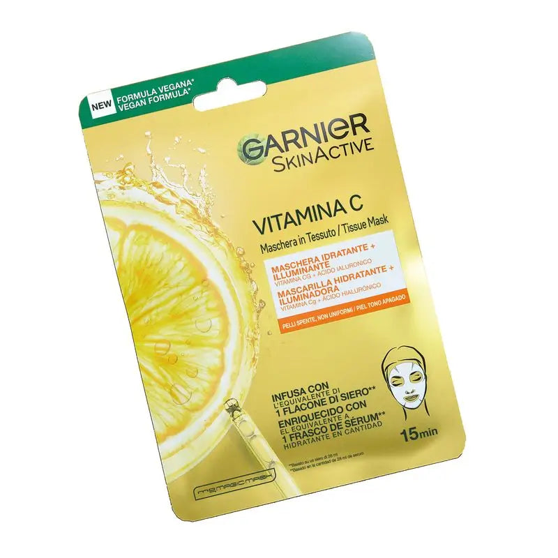 Garnier Maschera viso in tessuto con vitamina C e acido ialuronico. Pelle intensamente idratata e visibilmente più illuminata e levigata.