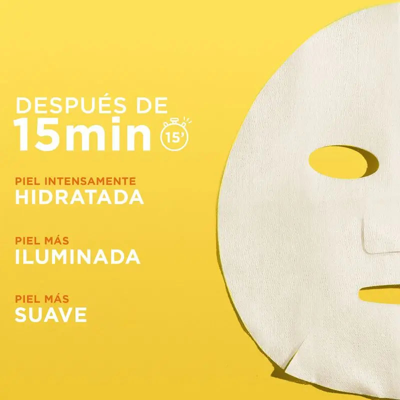 Garnier Maschera viso in tessuto con vitamina C e acido ialuronico. Pelle intensamente idratata e visibilmente più illuminata e levigata.