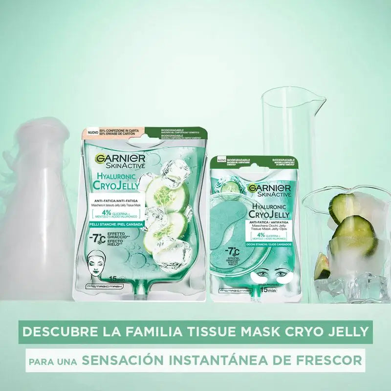 Garnier Maschera Tissue Cryo Jelly Ialuronica Maschera Contorno Occhi Anti-Fatica. 4% Glicerina + Mentolo + Acido Ialuronico.