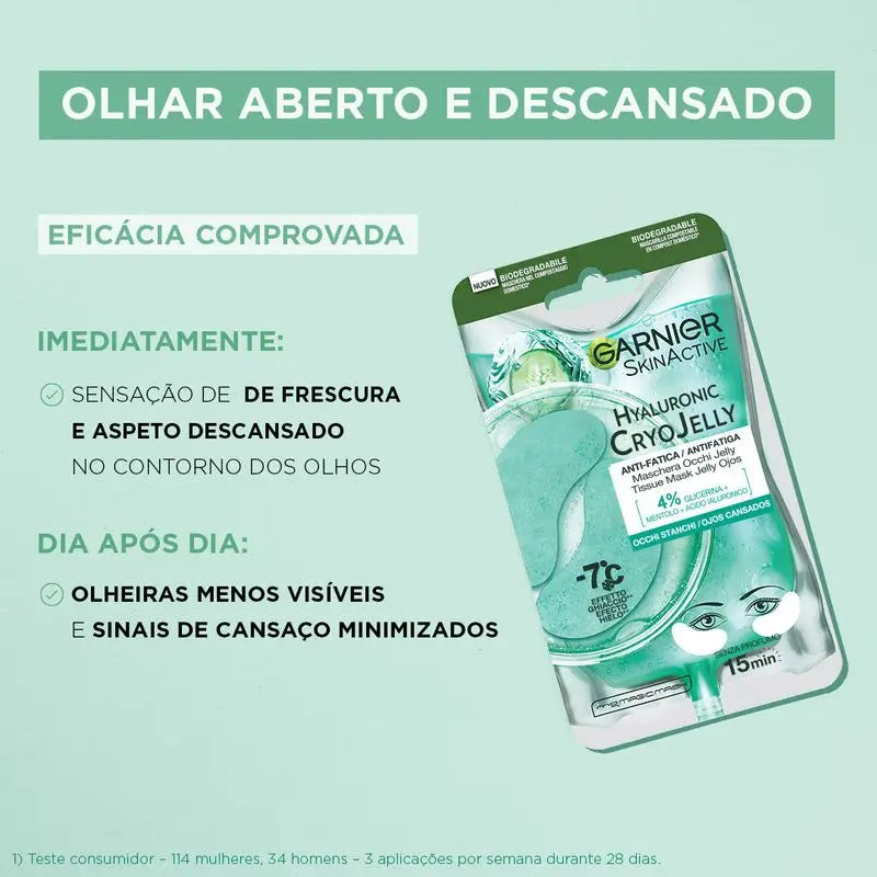 Garnier Maschera Tissue Cryo Jelly Ialuronica Maschera Contorno Occhi Anti-Fatica. 4% Glicerina + Mentolo + Acido Ialuronico.