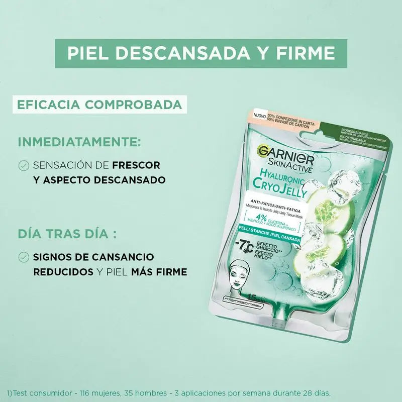 Garnier Maschera Tissue Crio Gelatina Ialuronica Anti-Fatica per la pelle stanca. 4% Glicerina + Mentolo + Acido Ialuronico.