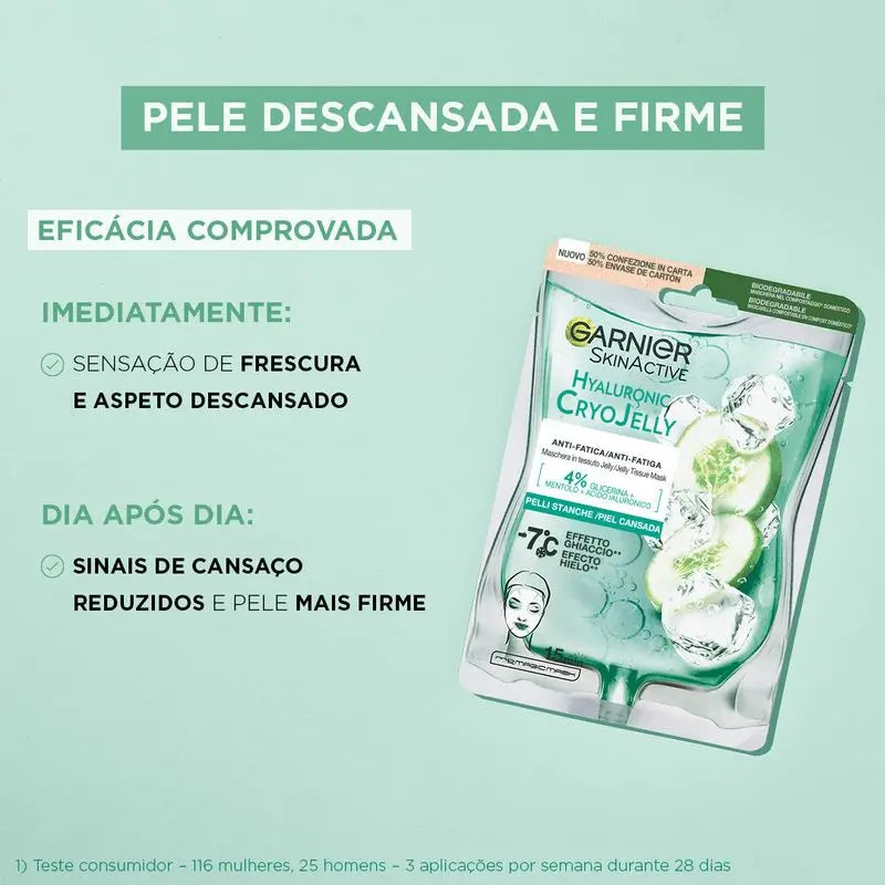 Garnier Maschera Tissue Crio Gelatina Ialuronica Anti-Fatica per la pelle stanca. 4% Glicerina + Mentolo + Acido Ialuronico.