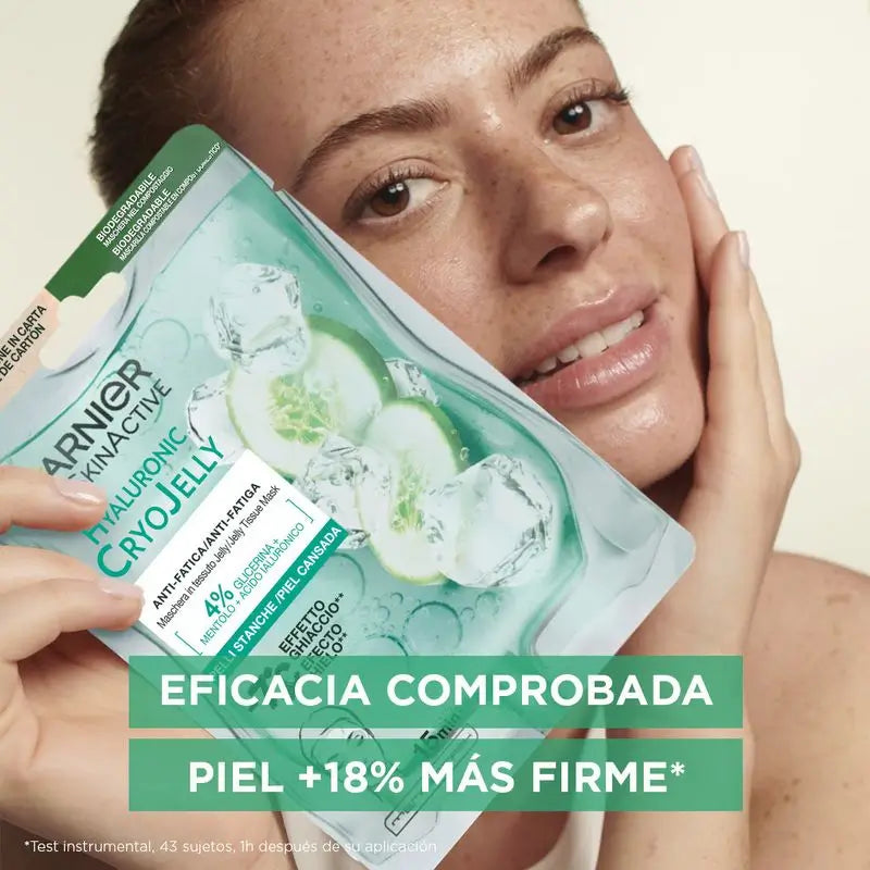 Garnier Maschera Tissue Crio Gelatina Ialuronica Anti-Fatica per la pelle stanca. 4% Glicerina + Mentolo + Acido Ialuronico.