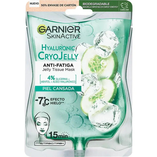 Garnier Maschera Tissue Crio Gelatina Ialuronica Anti-Fatica per la pelle stanca. 4% Glicerina + Mentolo + Acido Ialuronico.