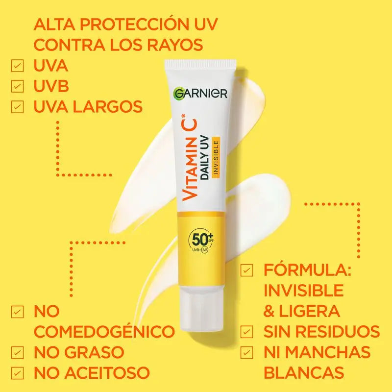 Garnier Vitamina C Invisible Anti-Uv Fluido quotidiano anti-macchie Fps50+, 40 Ml
