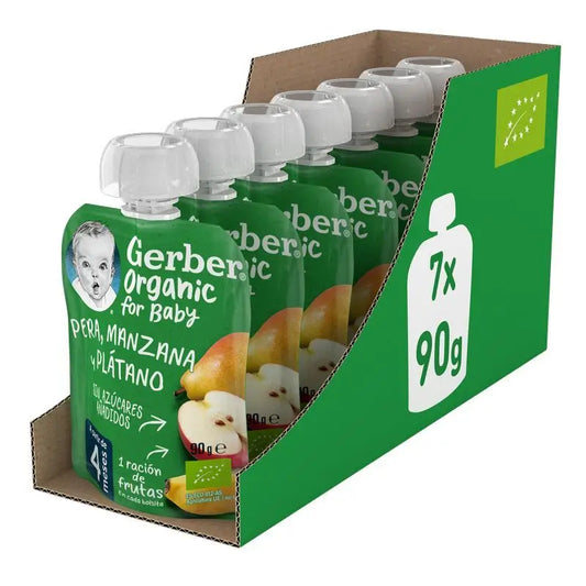 GERBER Confezione di buste di pera, mela e banana biologiche, 90g x 7 unità