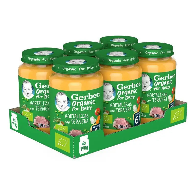 GERBER Pack Vasetti salati di vitello alle verdure biologiche, 190g x 6 unità
