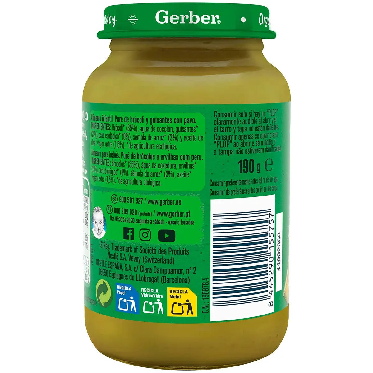 Vasetti salati Gerber Organic Broccoli, Piselli e Tacchino, 190g