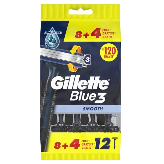 Gillette Blue3 Smooth 8+4 Rasoi usa e getta da uomo con testina girevole a 40° e striscia lubrificante, 12 pz.