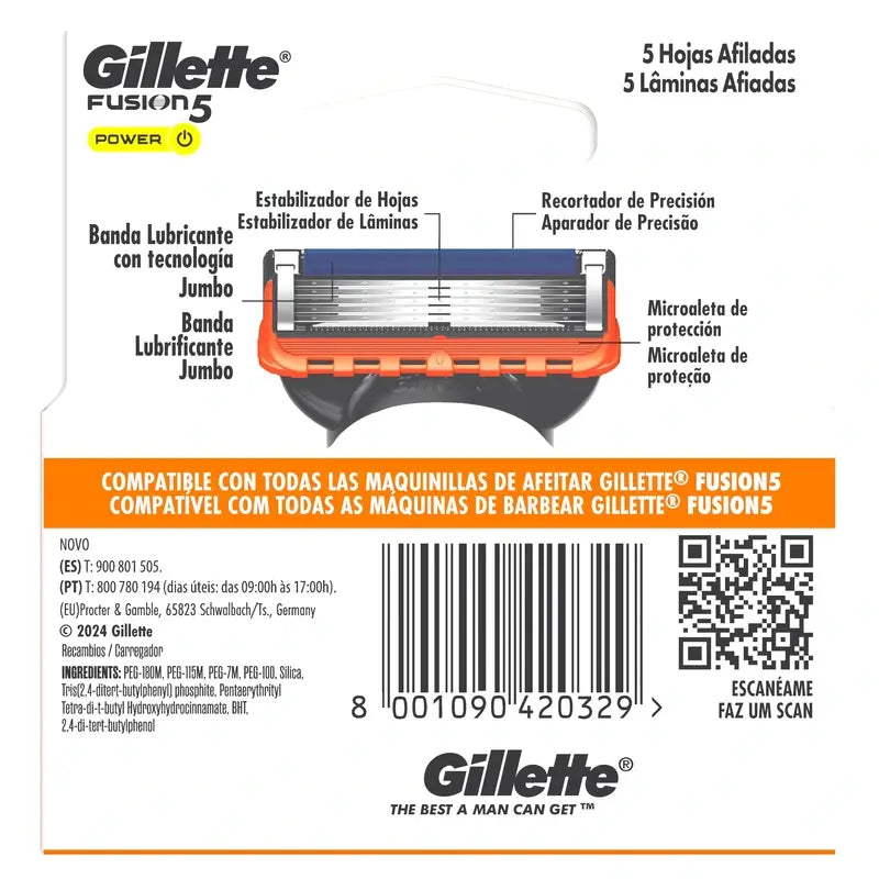 Gillette Fusion5 Power Lame di ricambio per rasoi da uomo, 4 pezzi
