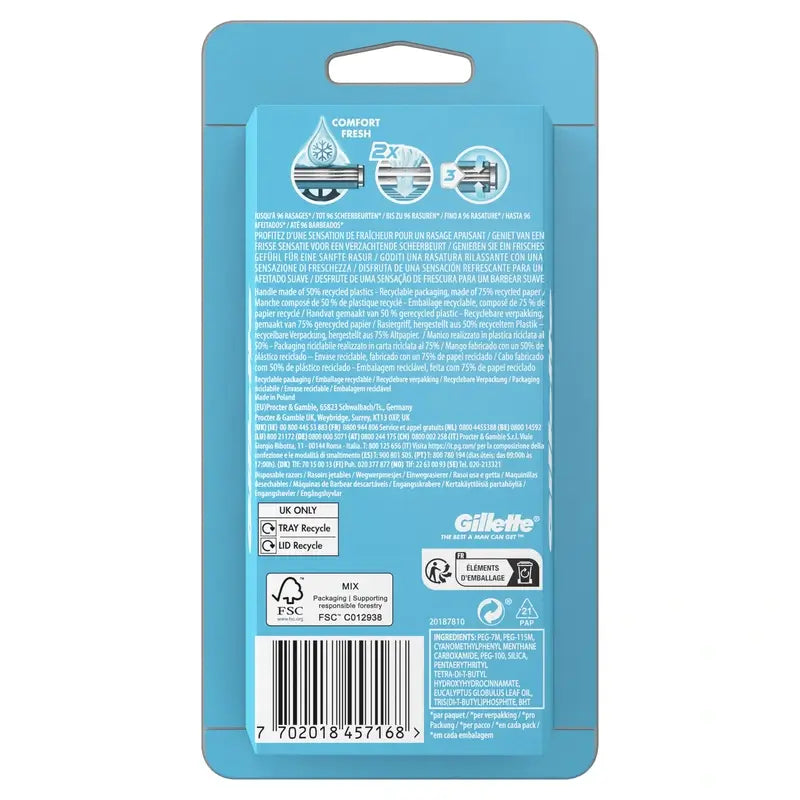 Gillette Sensor3 Cool Rasoi usa e getta da uomo Striscia lubrificante all'eucalipto, 8 pz.