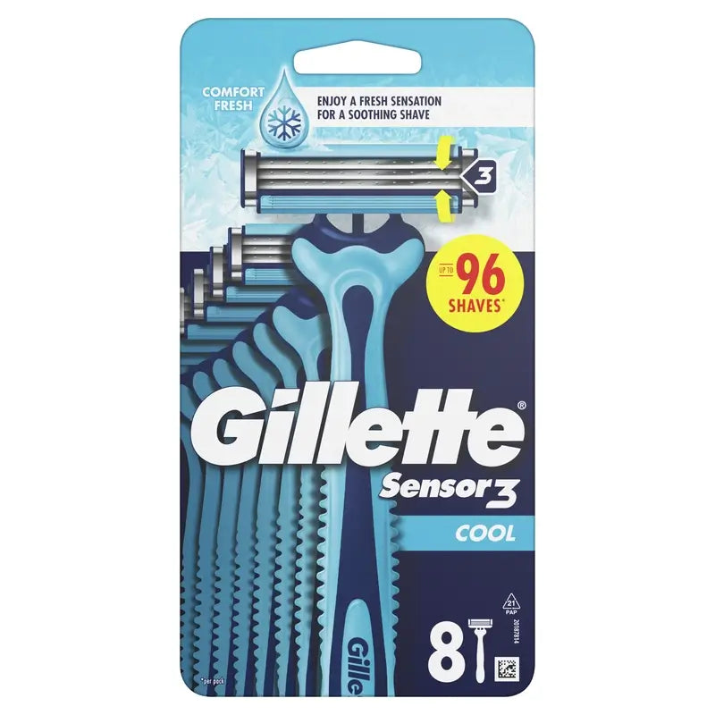 Gillette Sensor3 Cool Rasoi usa e getta da uomo Striscia lubrificante all'eucalipto, 8 pz.