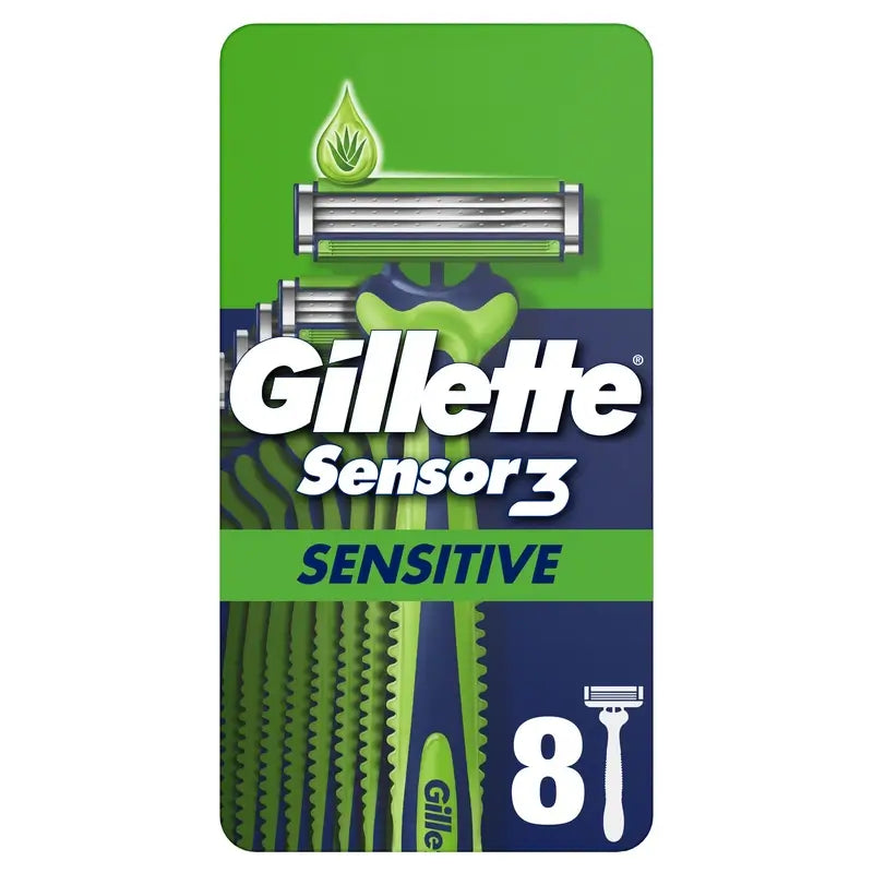 Gillette Sensor3 Sensitive Rasoi di sicurezza usa e getta da uomo, striscia lubrificante, 8 pz.