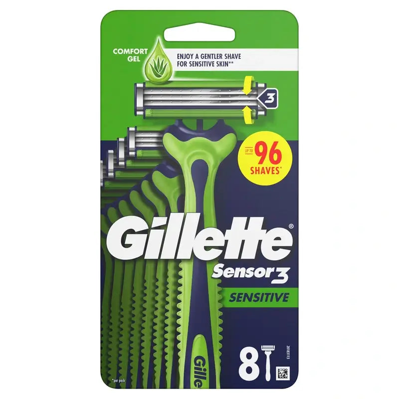 Gillette Sensor3 Sensitive Rasoi di sicurezza usa e getta da uomo, striscia lubrificante, 8 pz.