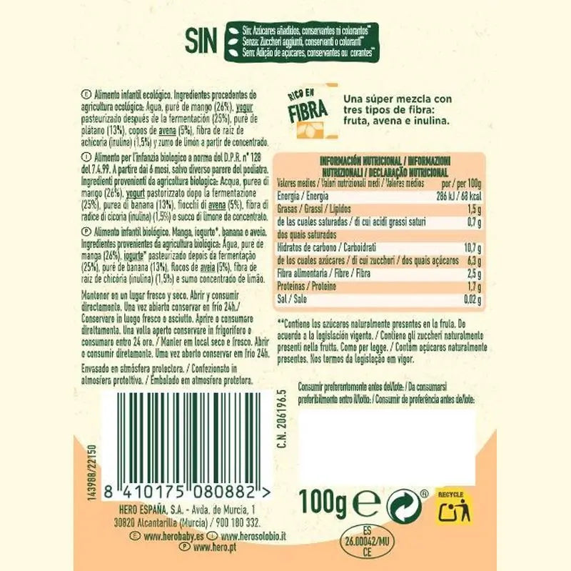 Hero Baby Solo Bustina Nutriflora Mango, Yogurt, Banana e Farina d'Avena 100G