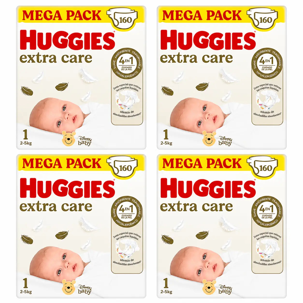 Huggies Extra Care Taglia 1 (2-5 Kg) Pannolini Disney per bambini , 160 pezzi, confezione da 4