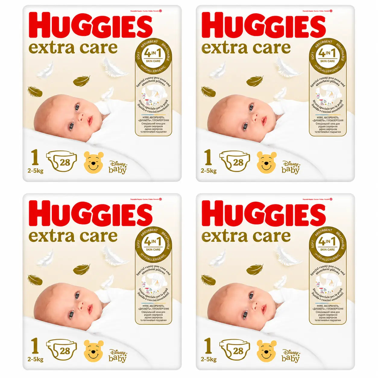 Pannolini Huggies Extra Care taglia 1 (2-5 Kg) Disney, 28 pezzi, confezione da 4
