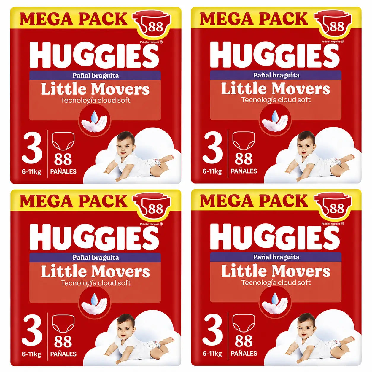 Huggies Little Movers Taglia 3 (6-11 Kg) Slip Pannolino Disney, 88 pezzi, confezione da 4