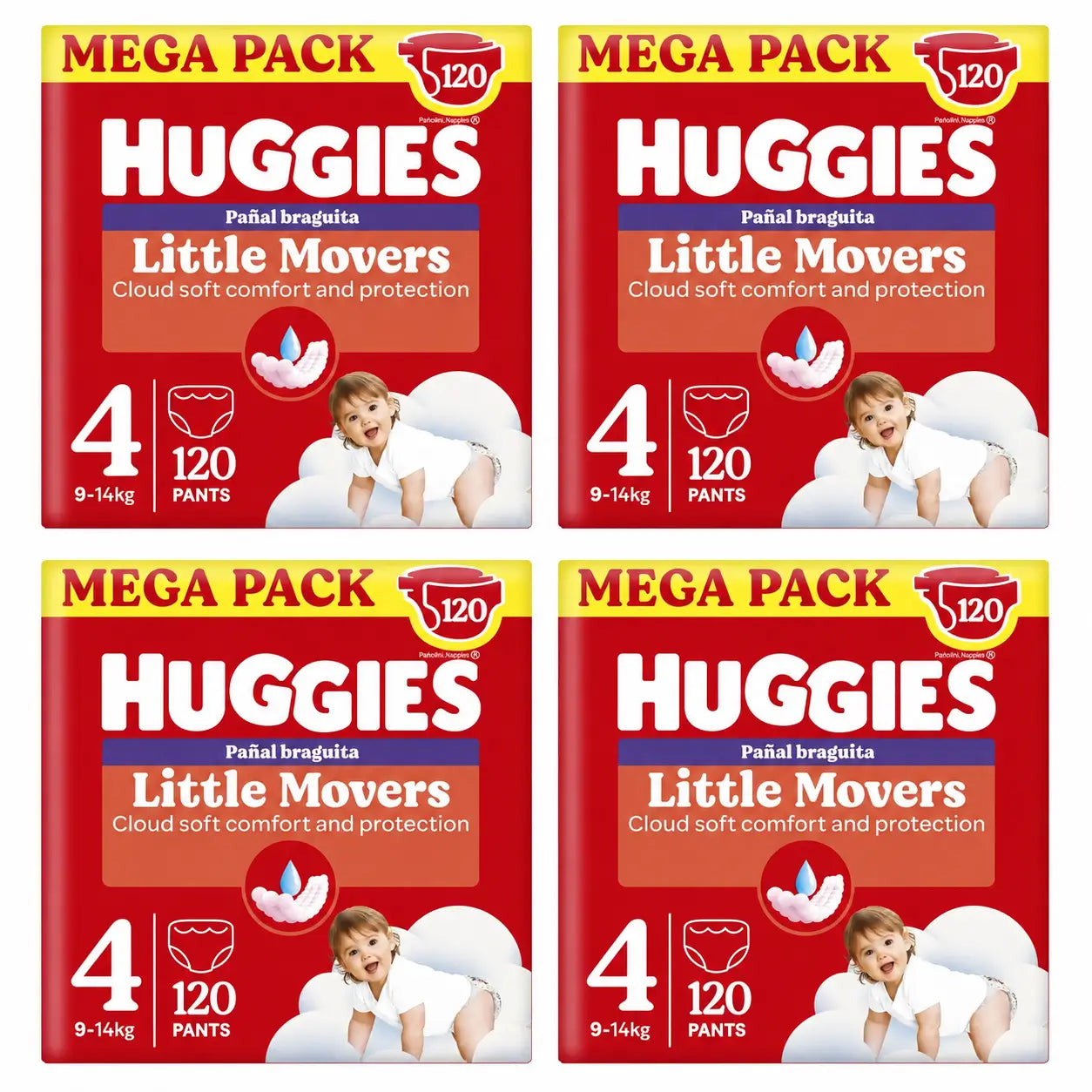 Huggies Little Movers Taglia 4 (9-14 Kg) Slip Pannolino Disney, 120 pezzi, confezione da 4