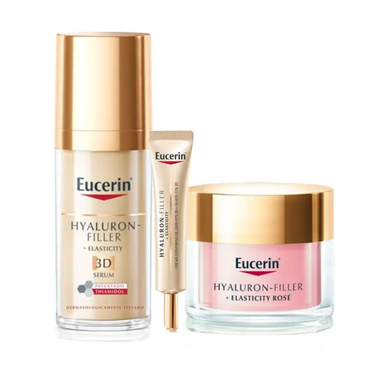 Eucerin Hyaluron-Filler + Siero Elasticità, Crema Giorno Rosé Fp30 e Pacchetto Contorno Occhi