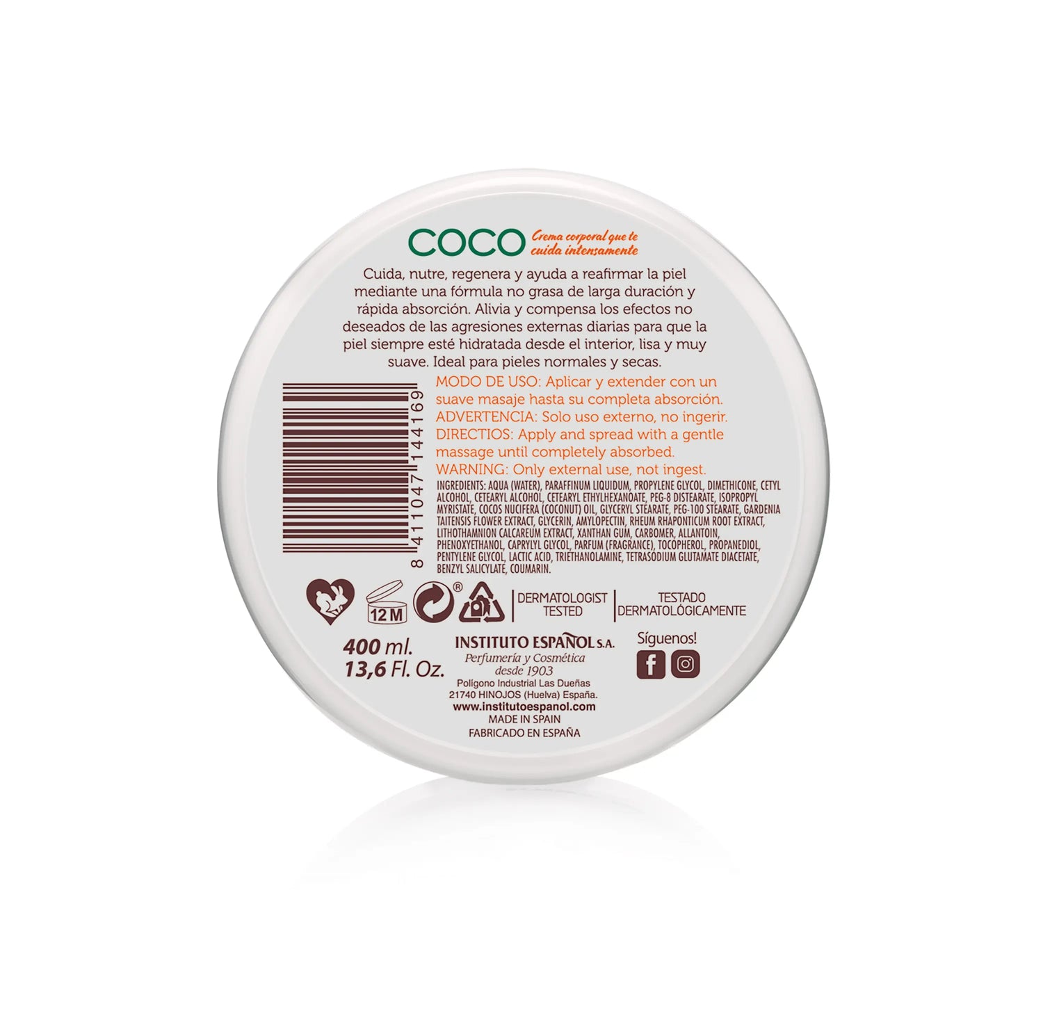 Barattolo di crema corpo al cocco Instituto Español - 400 Ml