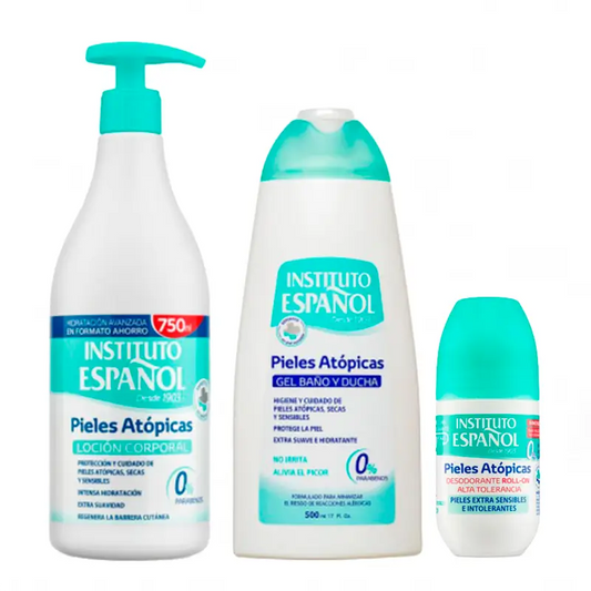 Set Instituto Español Gel per pelle atopica 500ml + Lozione per pelle atopica 750ml + Deodorante Roll On 75ml
