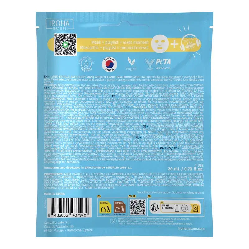Iroha Nature Jet Lag Recovery Maschera viso energizzante e anti-fatica , 1 unità
