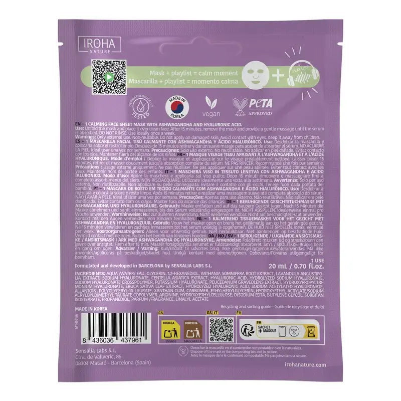 Iroha Nature Mindful Ritual Maschera viso idratante e lenitiva, 1 pz.