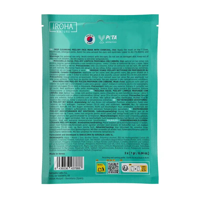 Iroha Nature Peel Off Maschera al carbone per la pulizia profonda, 3 pezzi, 1 grammo