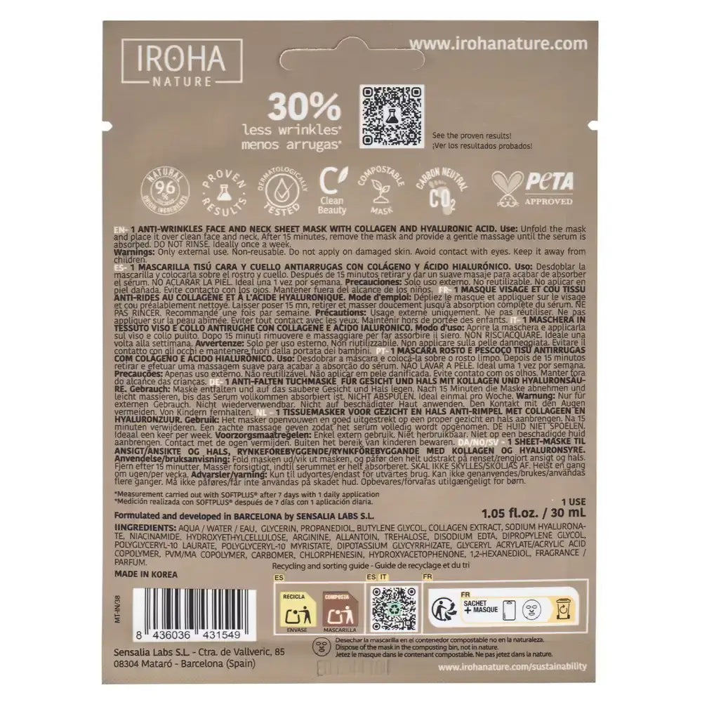 Iroha Nature Maschera antirughe per viso e collo - Collagene , 30 ml