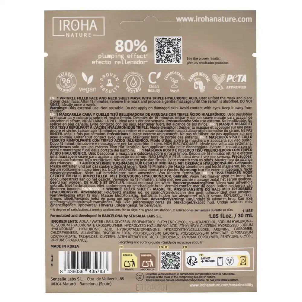 Iroha Nature Triplo Acido Ialuronico Maschera Filler per Viso e Collo, 30 ml
