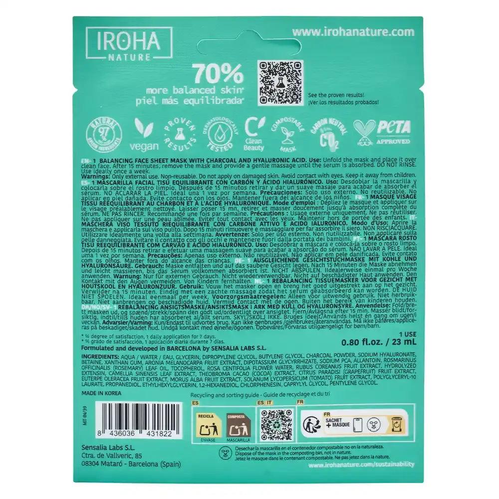 Iroha Nature Maschera di tessuto equilibrante per il viso - Carbone , 23 ml