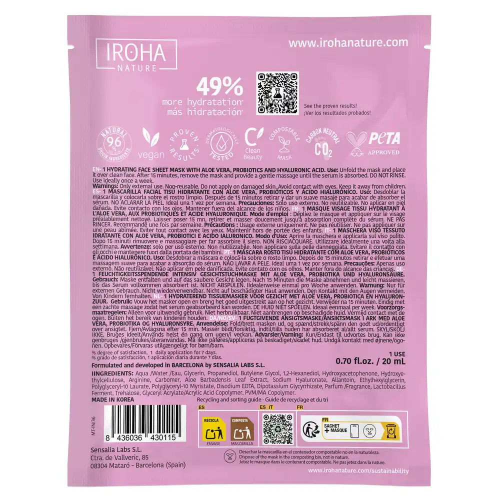 Iroha Nature Maschera idratante per il viso - Aloe Vera , 20 ml