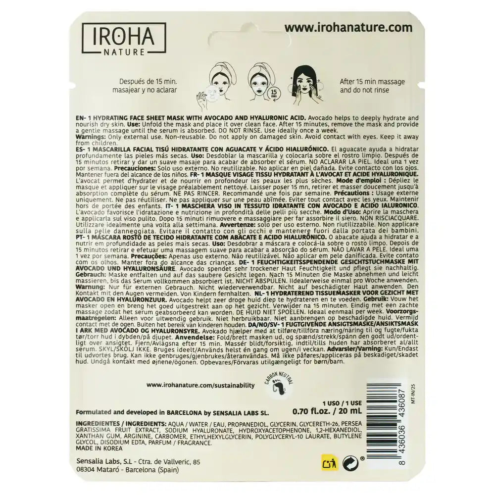 Iroha Nature Natural Extracts Avocado Maschera viso idratante, 20 Ml
