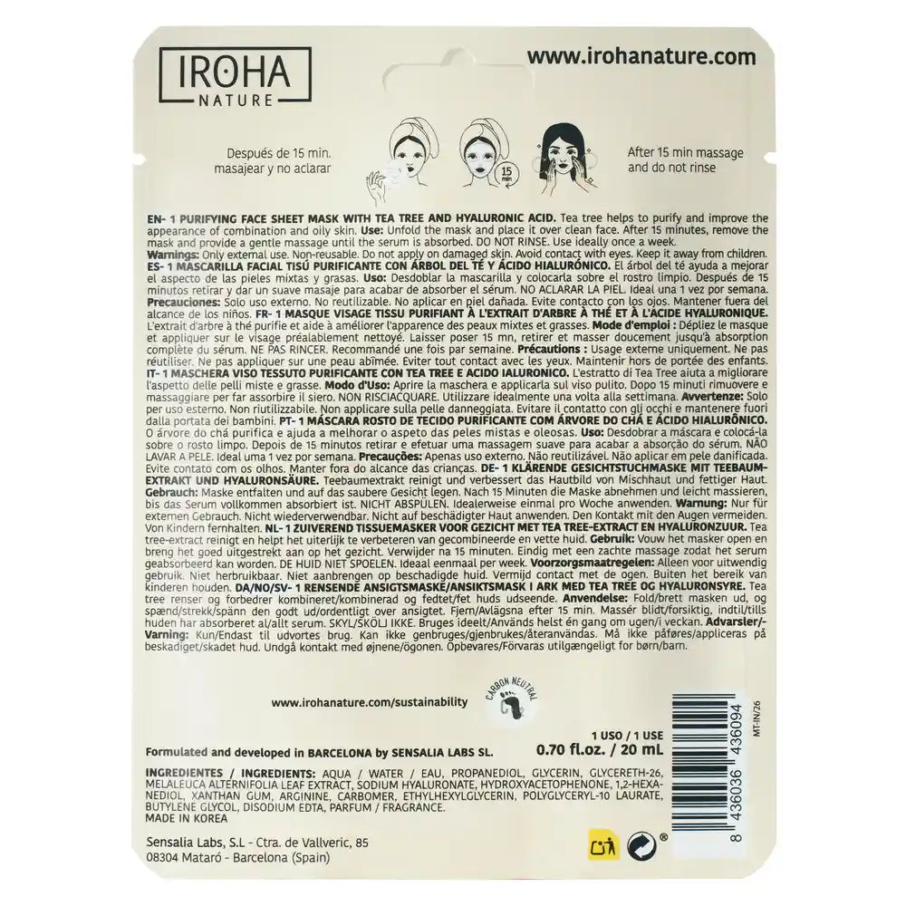 Iroha Nature Natural Extracts Maschera viso purificante all'albero del tè, 20 Ml