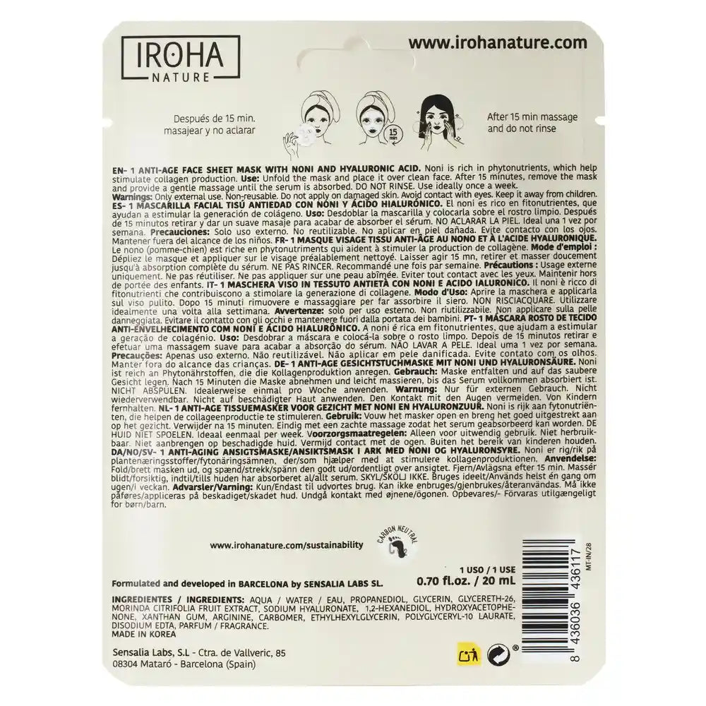 Iroha Nature Natural Extracts Noni Maschera viso anti-età, 20 Ml
