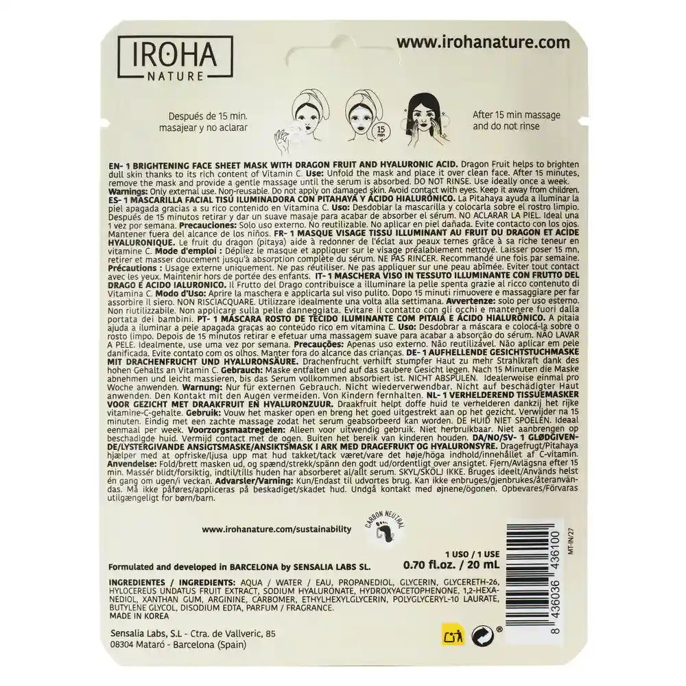 Iroha Nature Natural Extracts Maschera viso illuminante di Pitahaya, 20 Ml