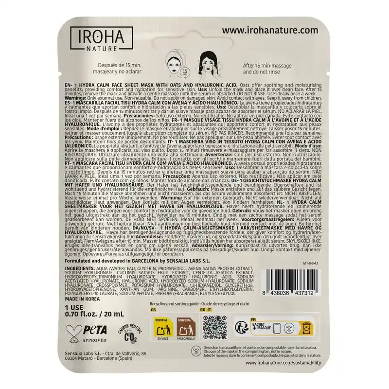 Iroha Nature Estratti Naturali Maschera Idratante Lenitiva con Avena , 20 ml